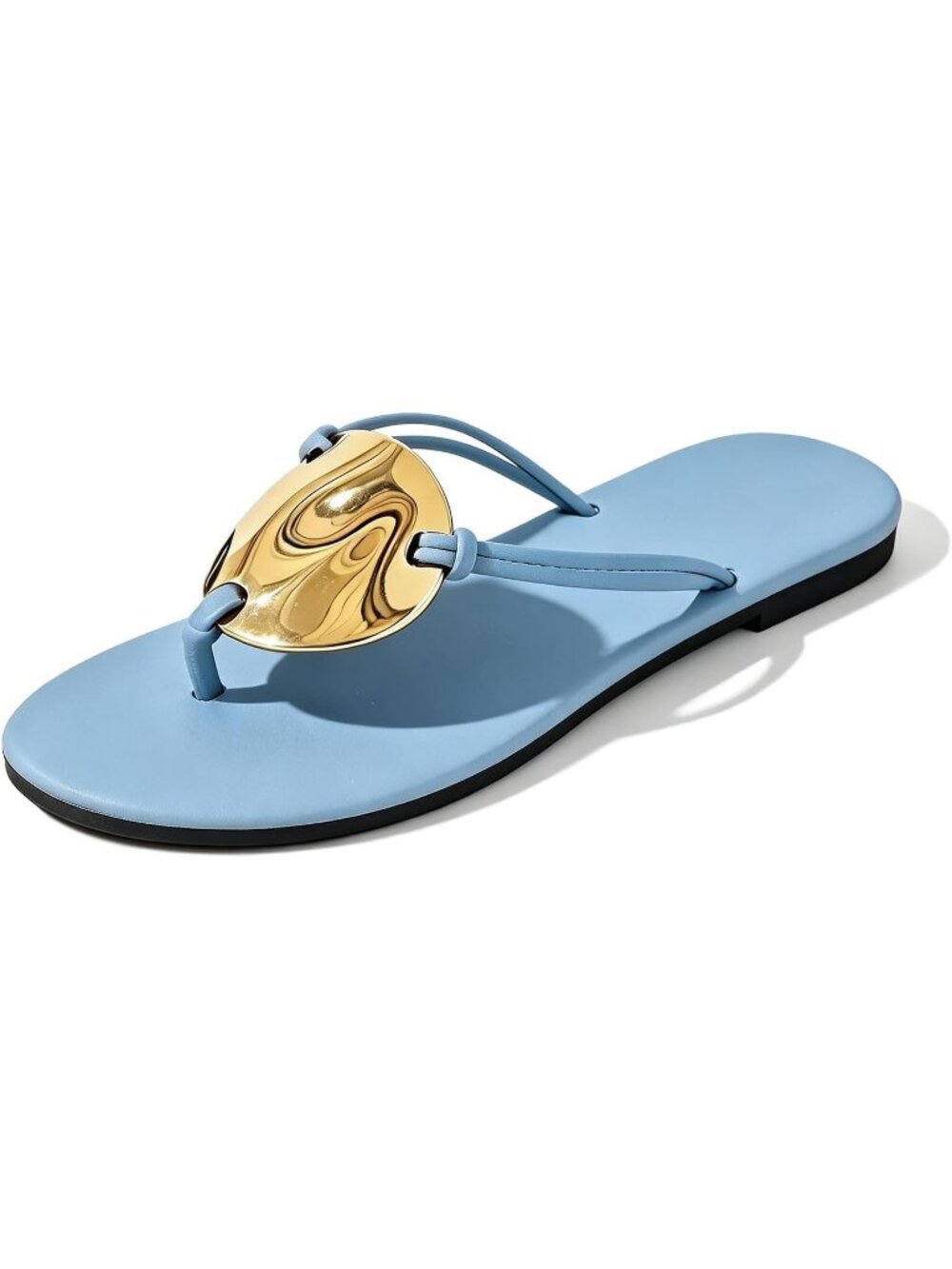 Women's Blue Leather Metal Flip Flop Thong Flat Slip on Soft Cushion Dress Shoes
